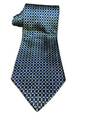 Brooks Basics Mens 100% Pure Silk Necktie Blue Green Geometric Woven Tie USA